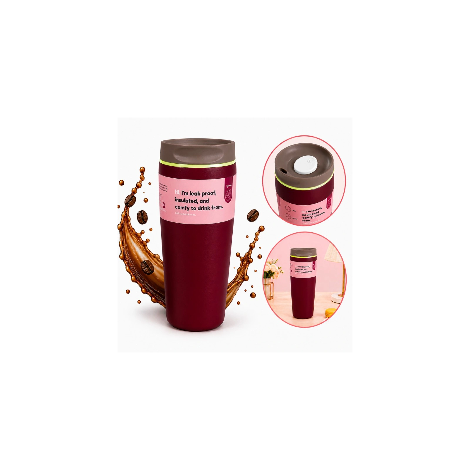 ECARLA kubek termiczny 560ml termos zamykany Bordowy CUP30