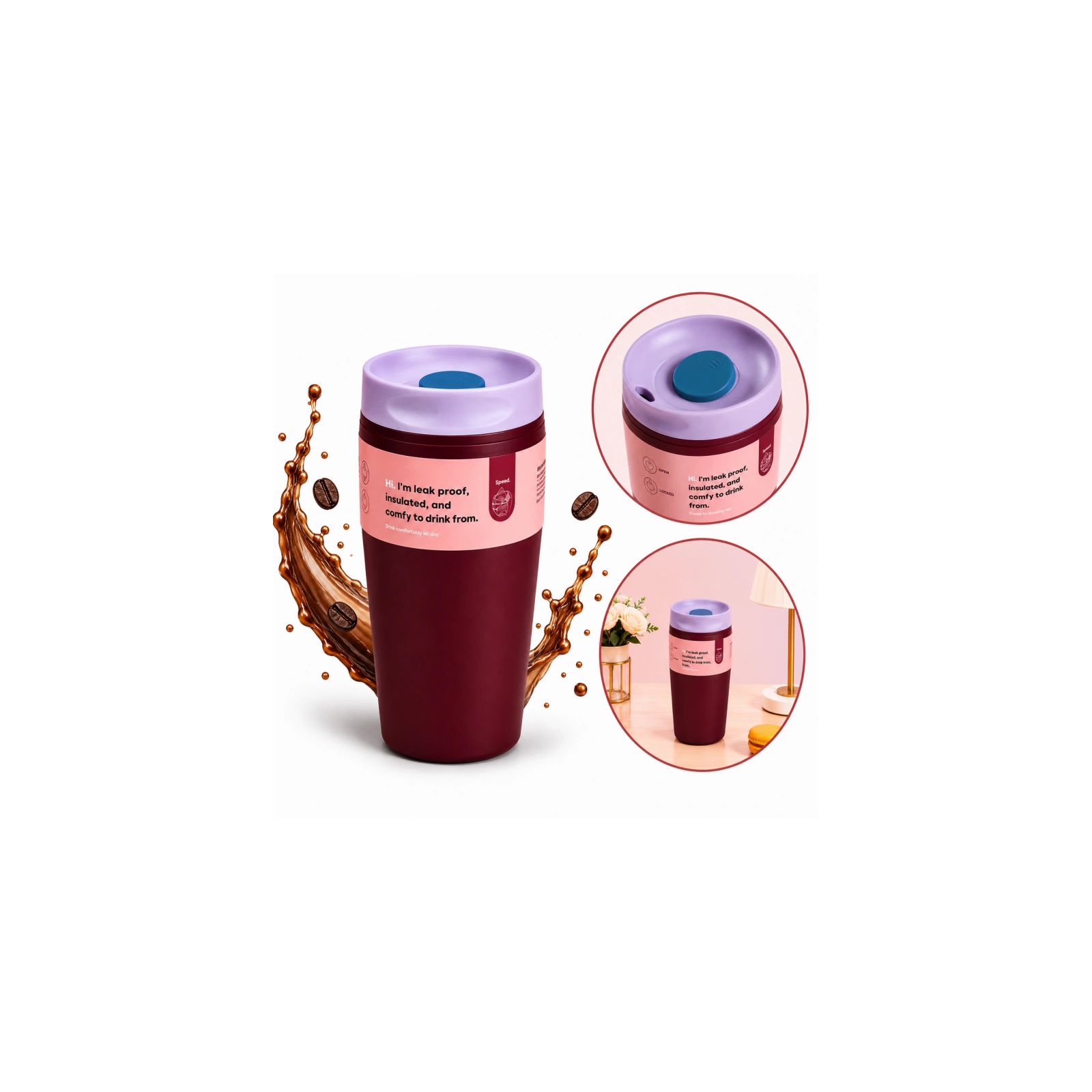 ECARLA kubek termiczny 340ml termos zamykany Bordowy CUP31