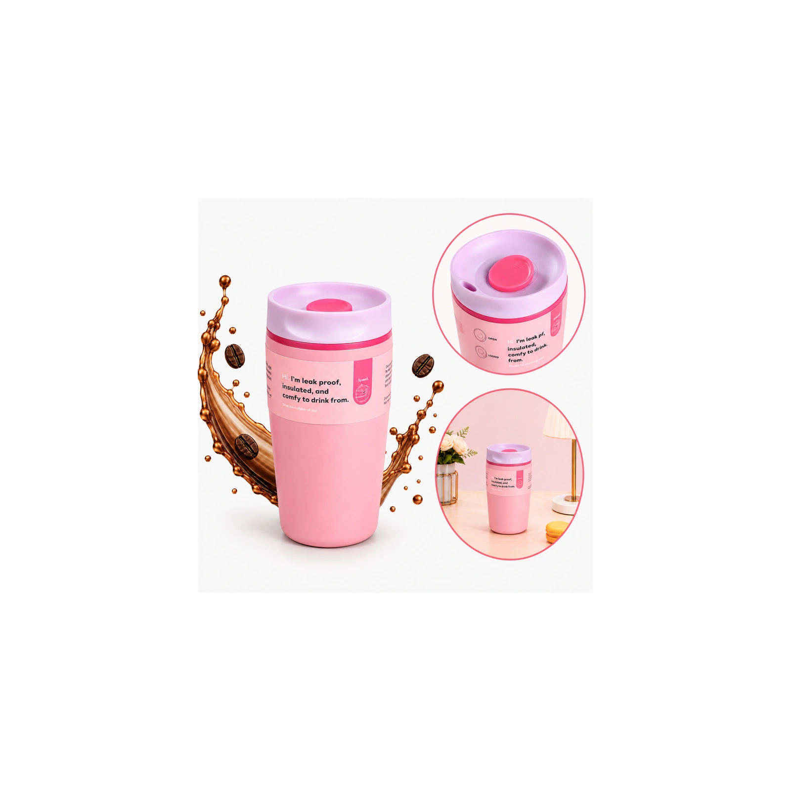 ECARLA kubek termiczny 340ml termos zamykany Różowy CUP32