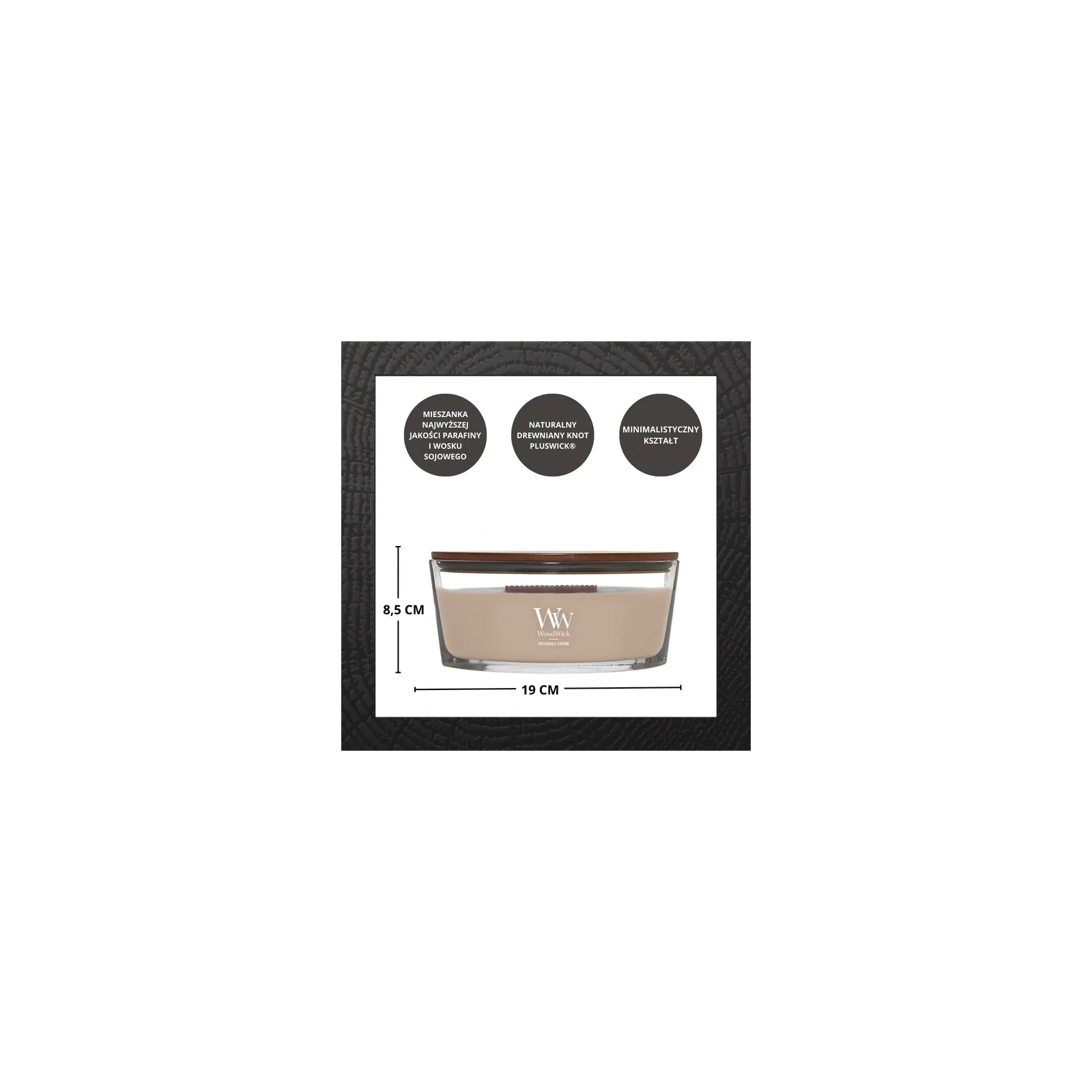 WOODWICK Pluswick średnia świeca w słoiku PATCHOULI CREME 275g