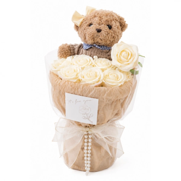 ECARLA Flower Box bukiet mydlanych kwiatów z MISIEM 8szt LED Kremowy BUK31B
