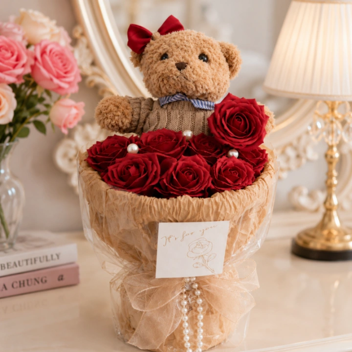 ECARLA Flower Box bukiet mydlanych kwiatów z MISIEM 8szt LED BUK31CZE