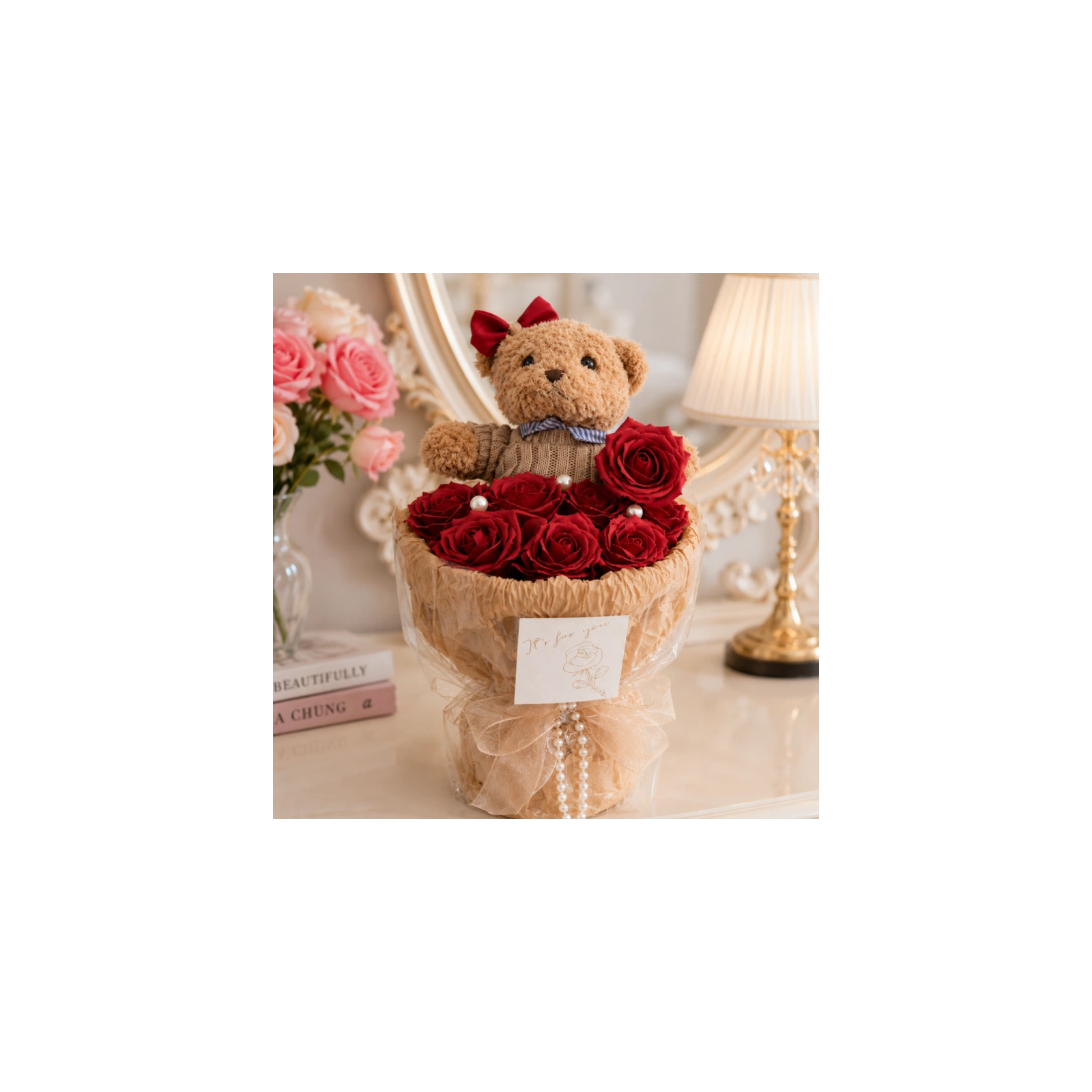 ECARLA Flower Box bukiet mydlanych kwiatów z MISIEM 8szt LED BUK31CZE