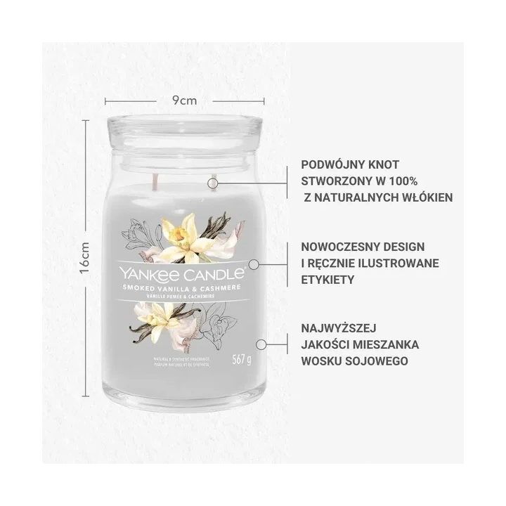YANKEE CANDLE Signature Duża świeca w słoiku SMOKED VANILLA & CASHMERE 567g