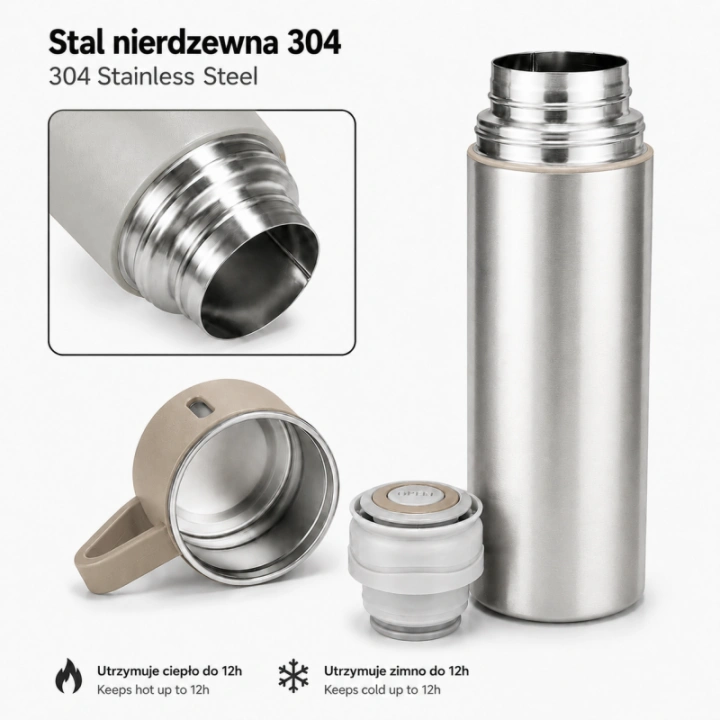 ECARLA termos turystyczny z kubkiem, stal nierdzewna 500ml Beżowy BD65BEZ