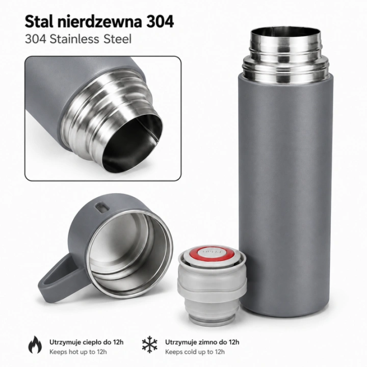 ECARLA termos turystyczny z kubkiem, stal nierdzewna 500ml Szary BD65SZ