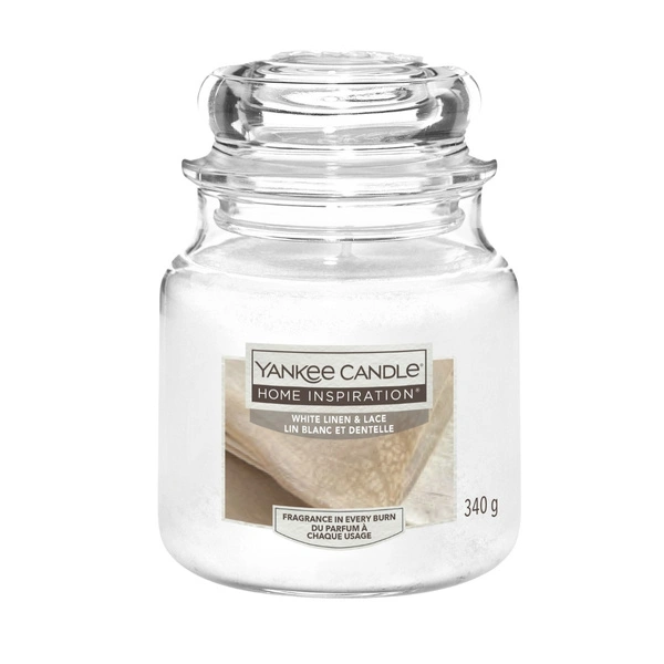 YANKEE CANDLE Home Inspiration Średnia świeca w słoiku WHITE LINEN & LACE 340g