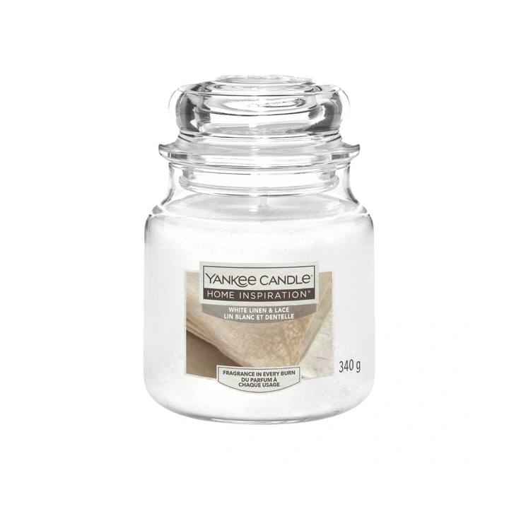 YANKEE CANDLE Home Inspiration Średnia świeca w słoiku WHITE LINEN & LACE 340g
