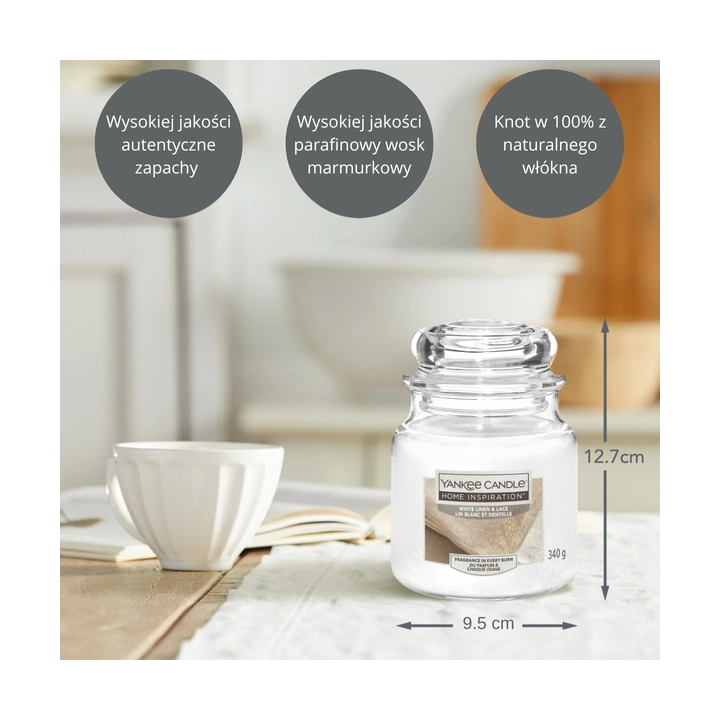 YANKEE CANDLE Home Inspiration Średnia świeca w słoiku WHITE LINEN & LACE 340g