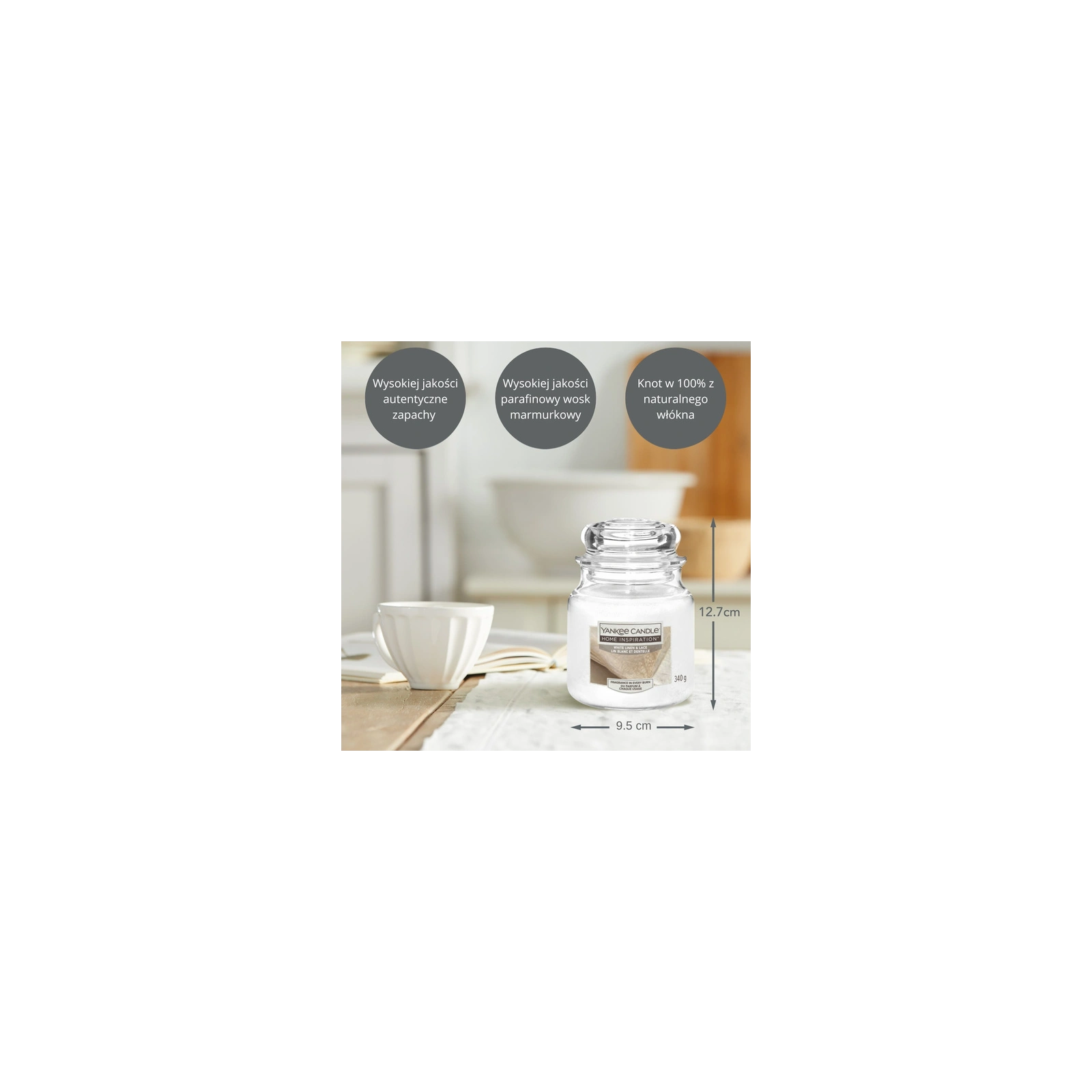 YANKEE CANDLE Home Inspiration Średnia świeca w słoiku WHITE LINEN & LACE 340g