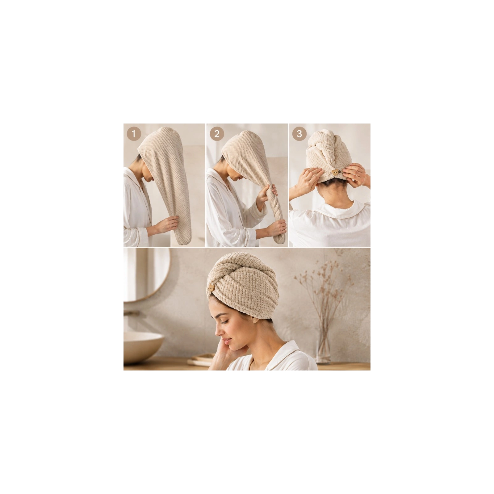ECARLA ręcznik kapturek, turban do włosów 65x25cm Kremowy REC60K