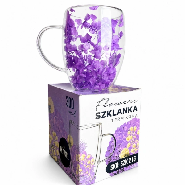 ECARLA termiczna szklanka z uchem i suszonymi kwiatami hortensji 300ml fioletowa SZK216