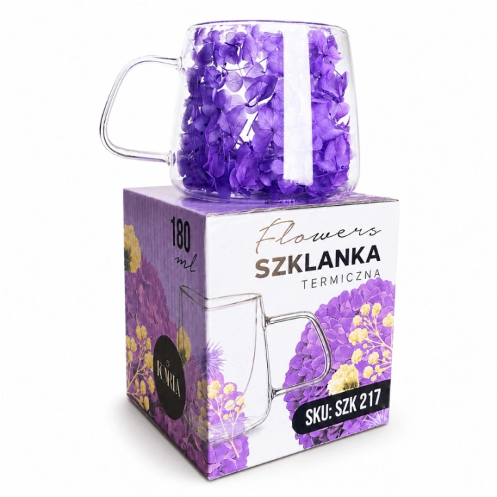 ECARLA termiczna szklanka z uchem i suszonymi kwiatami hortensji 180ml fioletowa SZK217