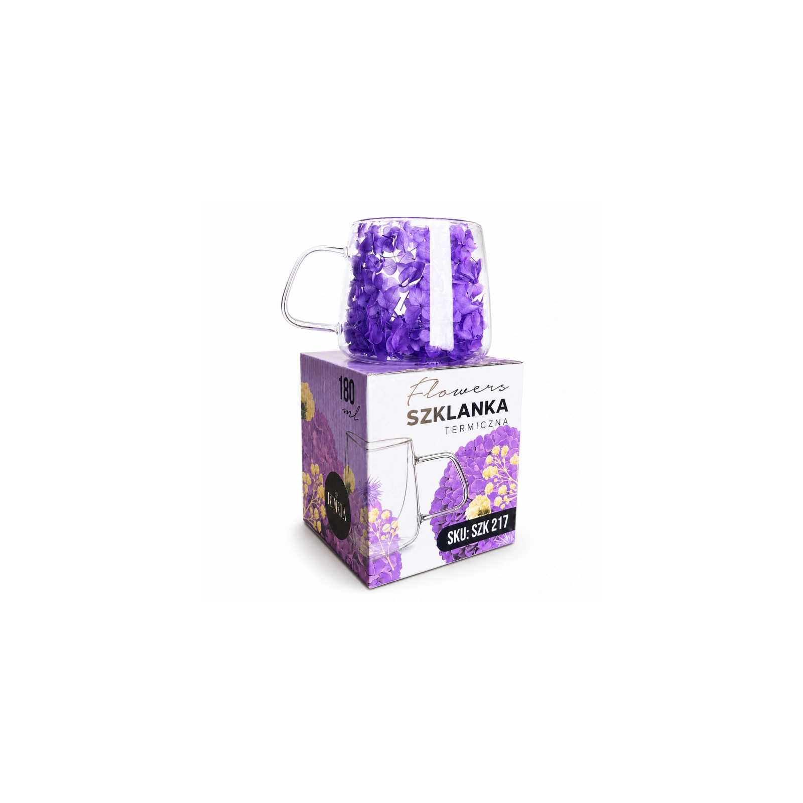 ECARLA termiczna szklanka z uchem i suszonymi kwiatami hortensji 180ml fioletowa SZK217