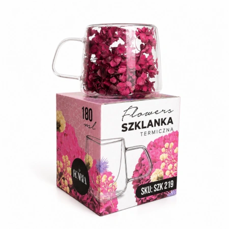 ECARLA termiczna szklanka z uchem i suszonymi kwiatami hortensji 180ml bordowa SZK219