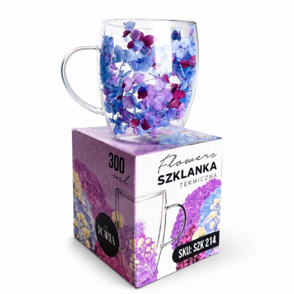 ECARLA termiczna szklanka z uchem i suszonymi kwiatami hortensji 300ml niebiesko-bordowa SZK214