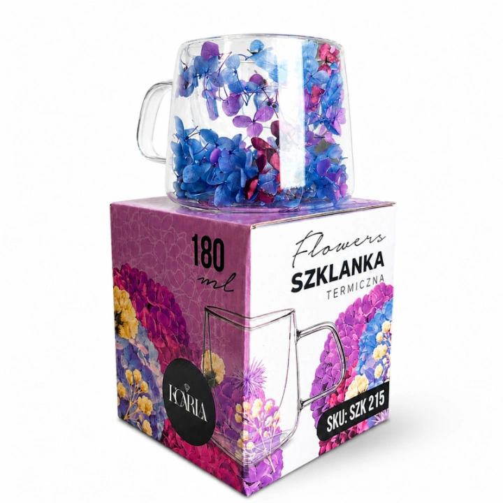 ECARLA termiczna szklanka z uchem i suszonymi kwiatami hortensji 180ml niebiesko-bordowa SZK215