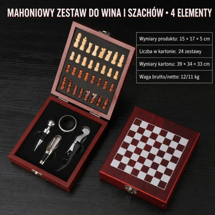 ECARLA drewniany zestaw prezentowy do wina z szachami 15x17x5cm PDOZ28