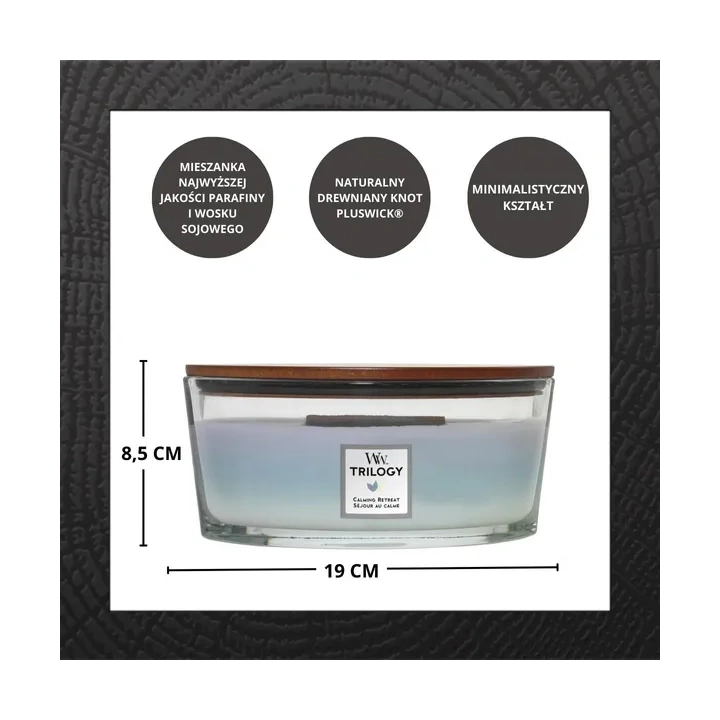 WOODWICK Hearthwick Trilogy świeca w słoiku elipsa CALMING RETREAT 453g