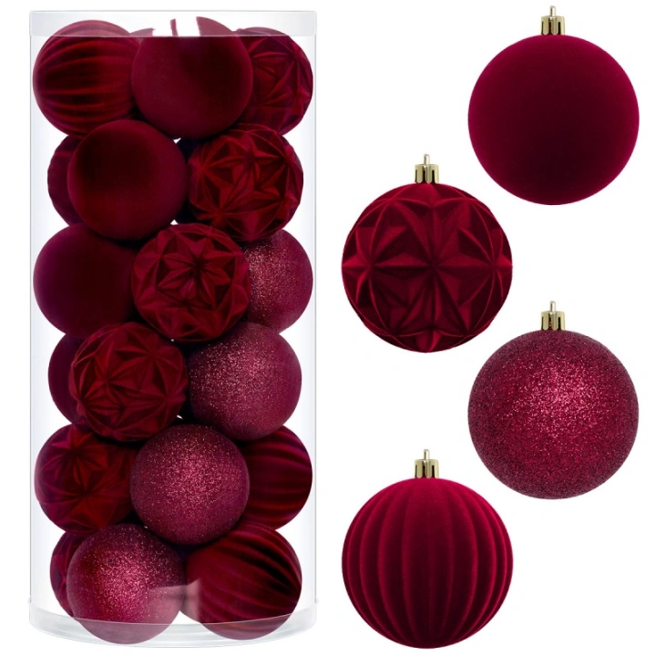 ECARLA bombki choinkowe 24szt welurowe bordowe śr. 8cm BSN86