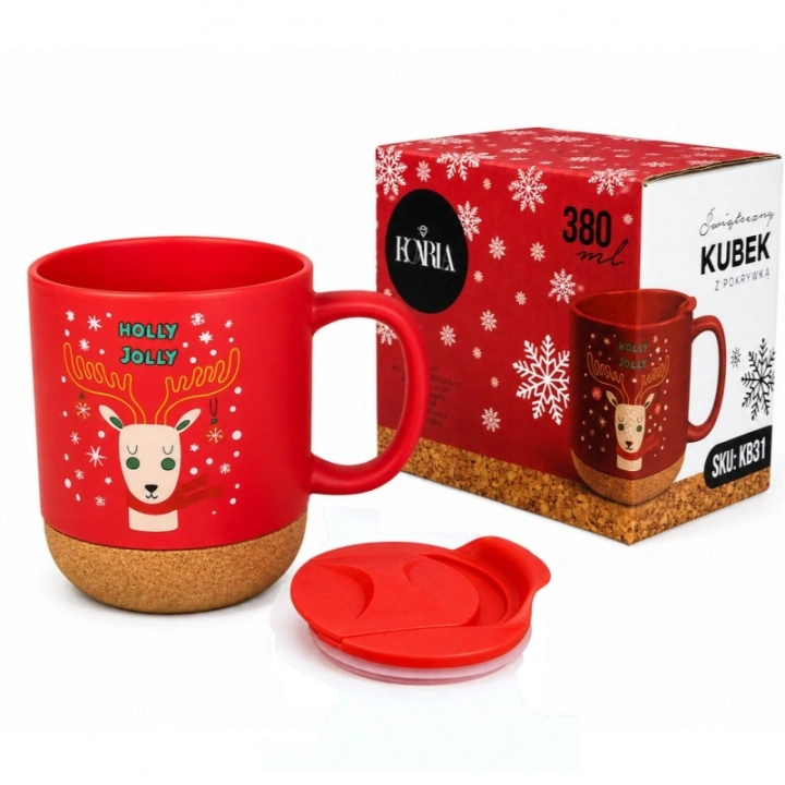 ECARLA świąteczny kubek ceramiczny z korkiem i przykrywką KB31 380ml
