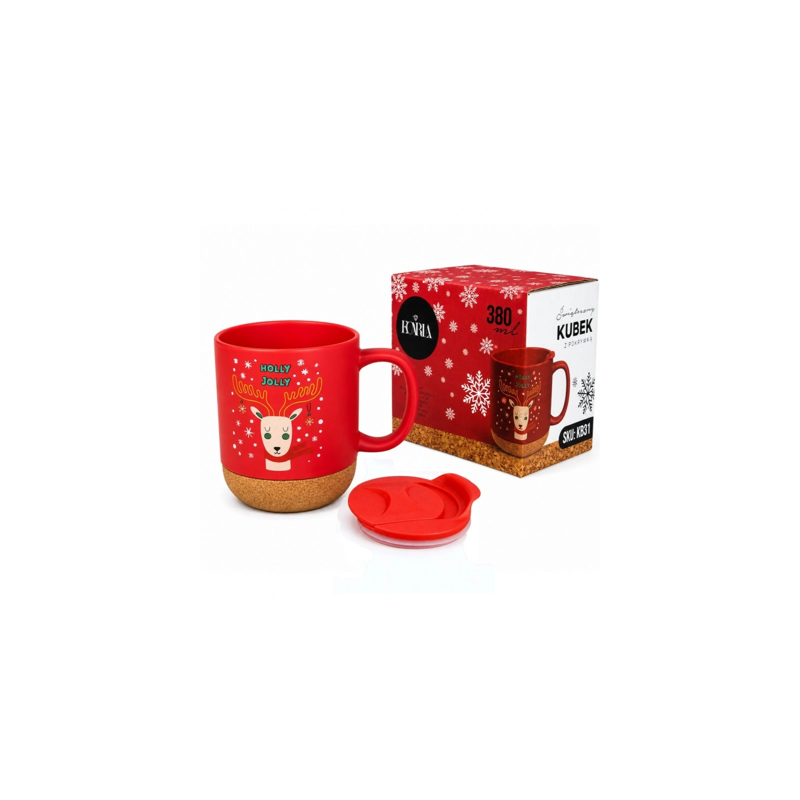 ECARLA świąteczny kubek ceramiczny z korkiem i przykrywką KB31 380ml