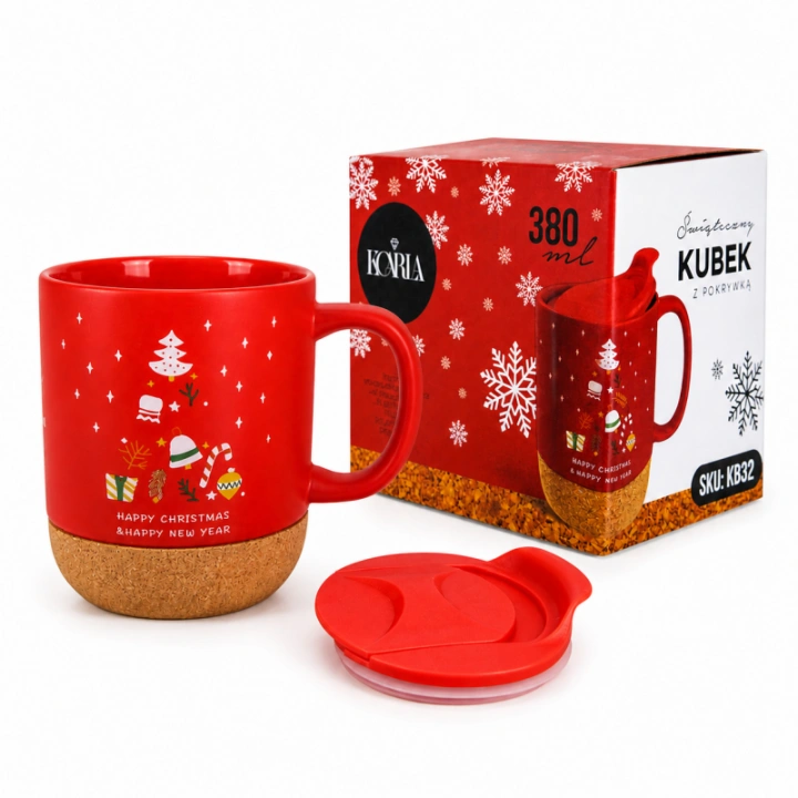 ECARLA świąteczny kubek ceramiczny z korkiem i przykrywką KB32 380ml