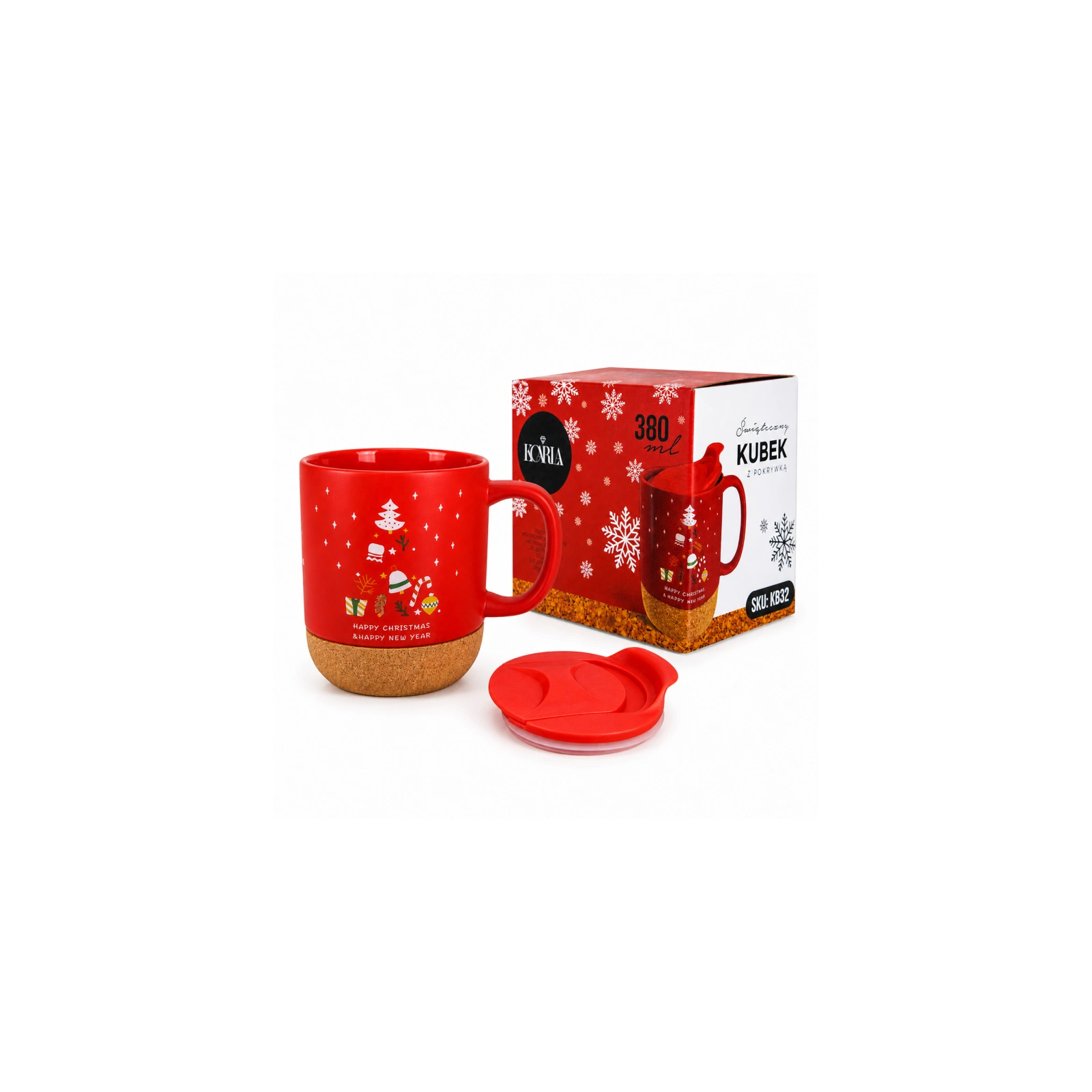 ECARLA świąteczny kubek ceramiczny z korkiem i przykrywką KB32 380ml