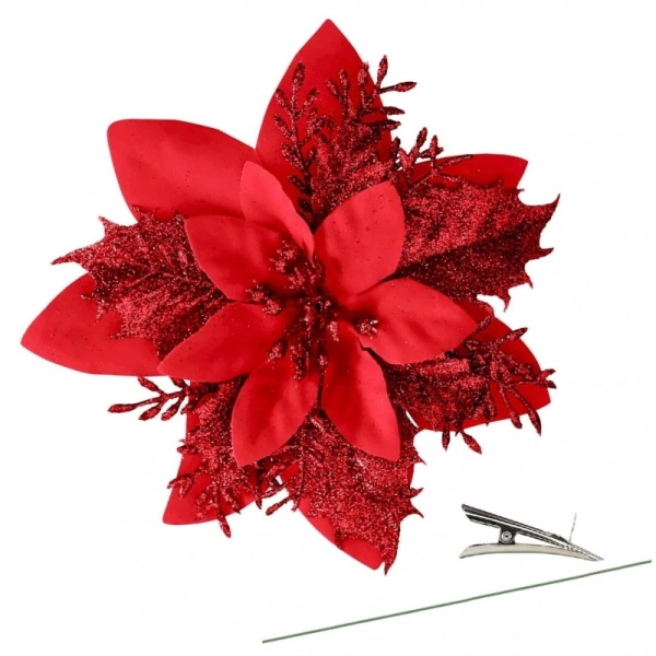 ECARLA kwiaty na choinkę z klipsem gwiazda betlejemska brokatowa czerwone brokatowe zestaw 12 szt. XXL 14cm WOZ04C 12szt