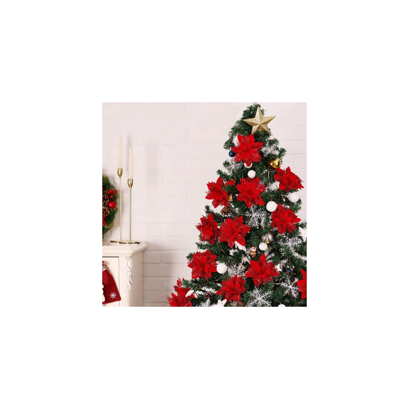 ECARLA kwiaty na choinkę z klipsem gwiazda betlejemska brokatowa czerwone brokatowe zestaw 12 szt. XXL 14cm WOZ04C 12szt
