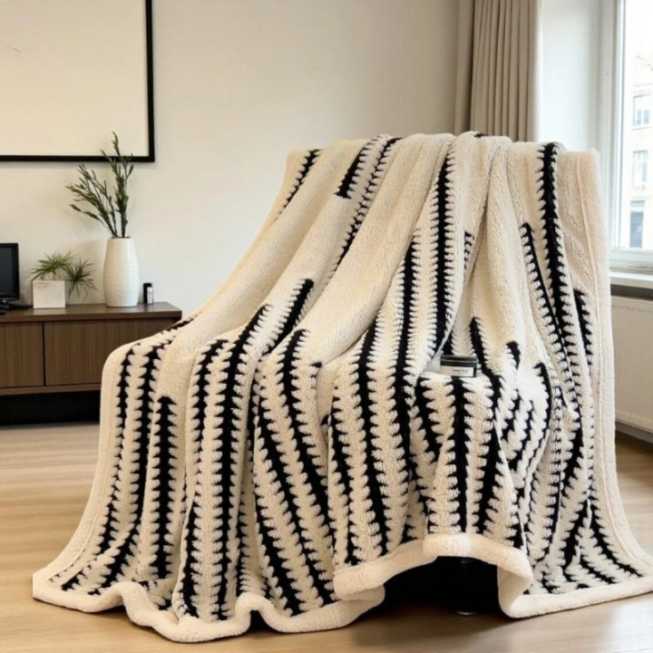 ECARLA koc gruby pluszowy narzuta na łóżko w jodełkę ecru czarny 150x215cm KOC24