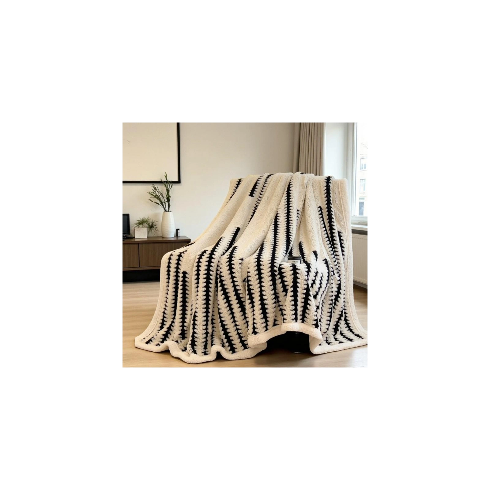 ECARLA koc gruby pluszowy narzuta na łóżko w jodełkę ecru czarny 150x215cm KOC24