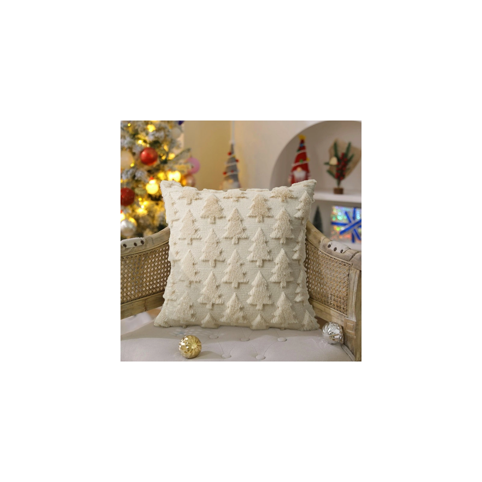 ECARLA poszewka na poduszkę świąteczna puszysta choinki beżowa 45x45cm POD253