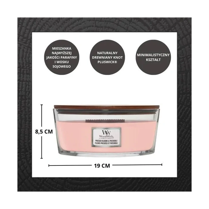 WOODWICK Core Hearthwick świeca w słoiku elipsa PPRESSED BLOOMS & PATCHOULI 453g 