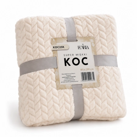 ECARLA koc pluszowy wzór warkocz narzuta na łóżko kremowy 180x200cm KOC25K 1szt