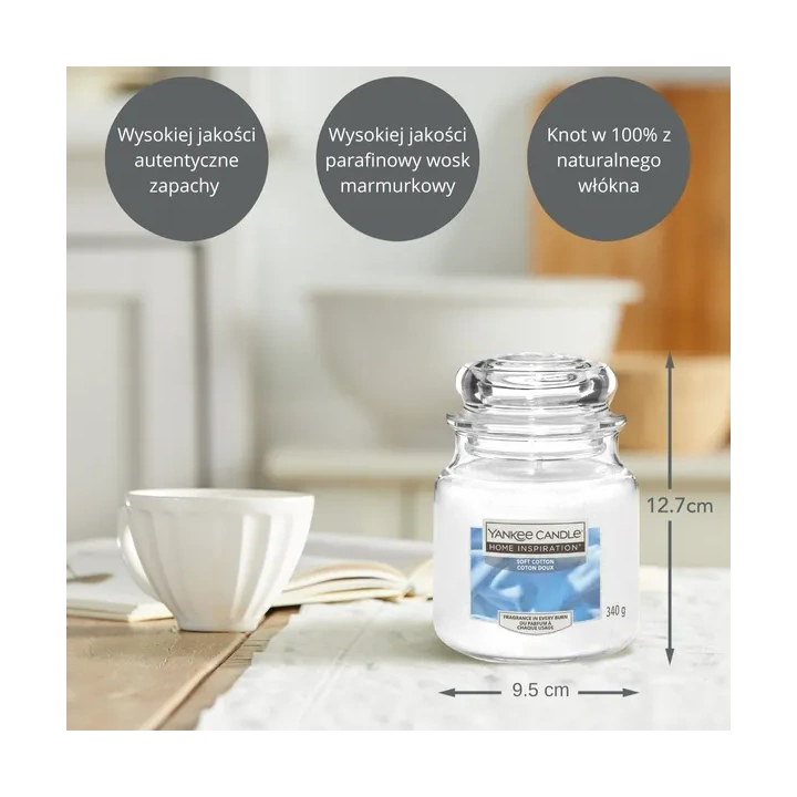 YANKEE CANDLE Home Inspiration Średnia świeca w słoiku SOFT COTTON 340g