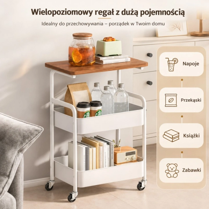ECARLA regał na kółkach mobilny 3 poziomy z blatem biały SZ59 1szt
