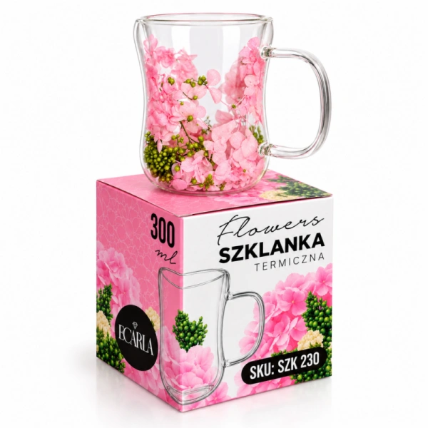 ECARLA szklanka termiczna z suszonymi kwiatami róż i zieleń SZK230 300ml