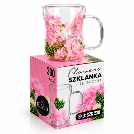 ECARLA szklanka termiczna z suszonymi kwiatami róż i zieleń SZK230 300ml