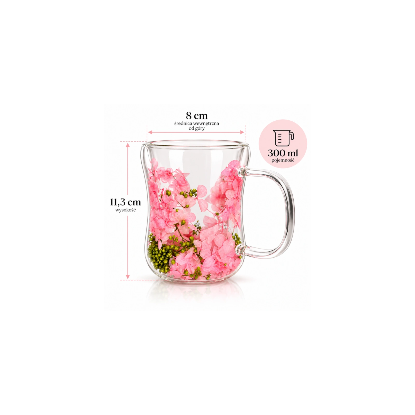 ECARLA szklanka termiczna z suszonymi kwiatami róż i zieleń SZK230 300ml