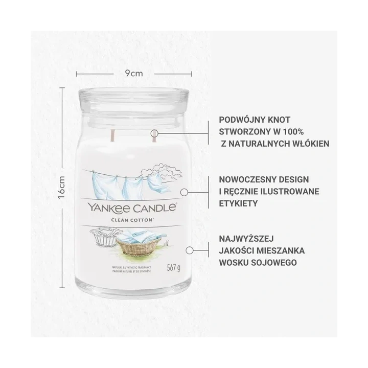 YANKEE CANDLE Signature Duża świeca w słoiku CLEAN COTTON 567g