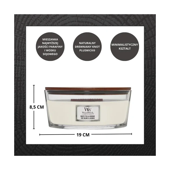 WOODWICK Core Hearthwick świeca w słoiku elipsa WHITE TEA & JASMINE 453g 