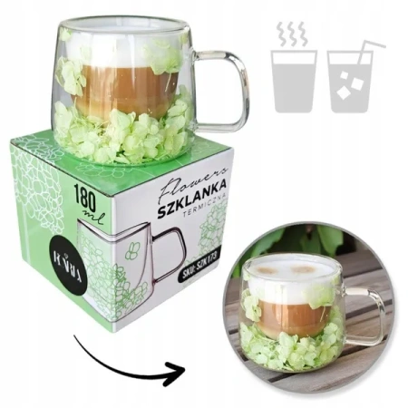 ECARLA szklanka termiczna z podwójnym dnem i hortensją 180ml Seledyn SZK173