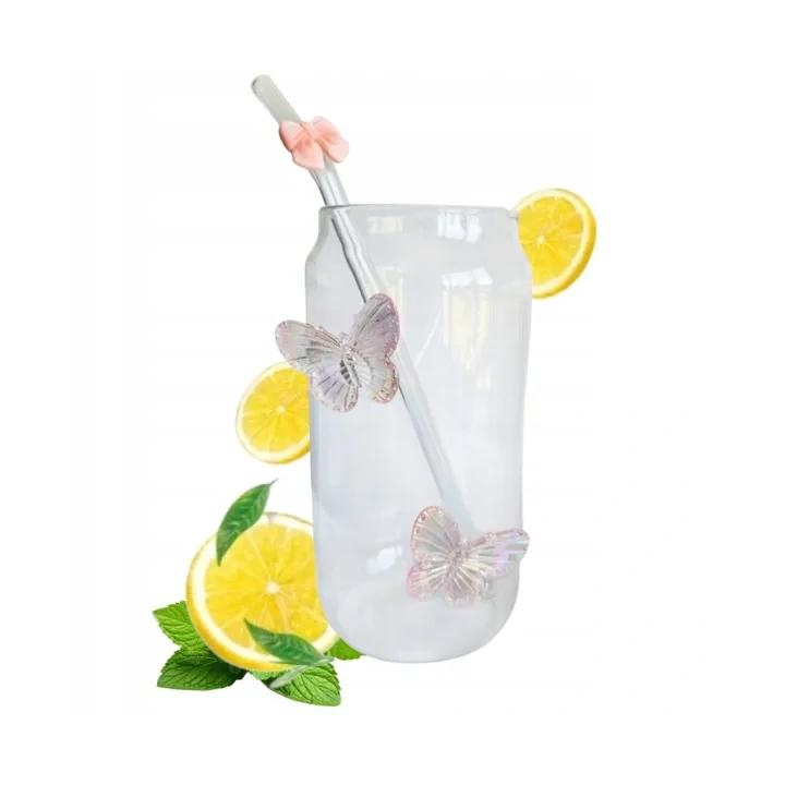 ECARLA szklanka wysoka ze słomką Motyl Róż 500ml SZK163
