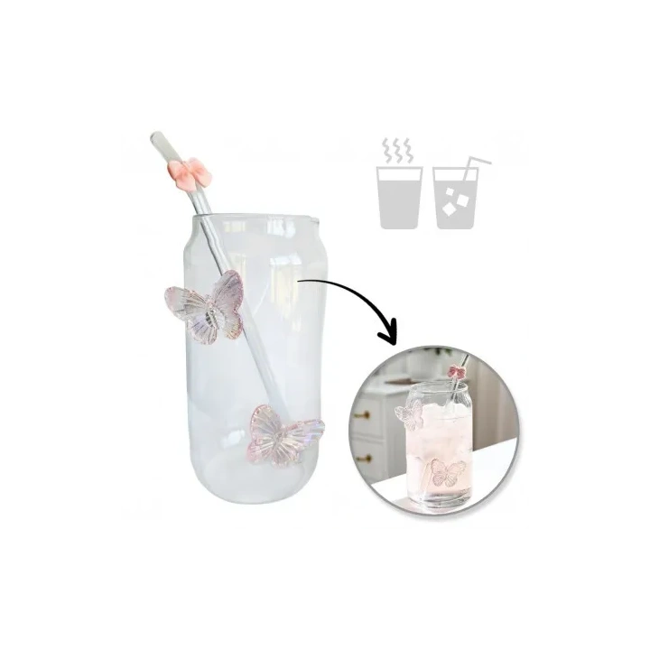 ECARLA szklanka wysoka ze słomką Motyl Róż 500ml SZK163
