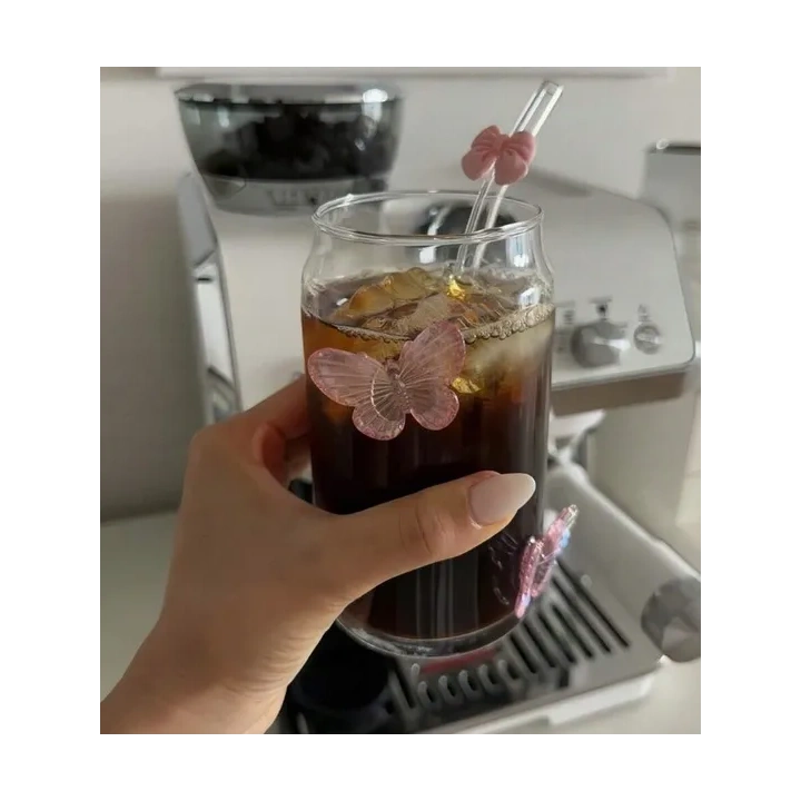 ECARLA szklanka wysoka ze słomką Motyl Róż 500ml SZK163