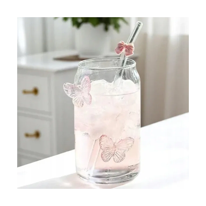 ECARLA szklanka wysoka ze słomką Motyl Róż 500ml SZK163