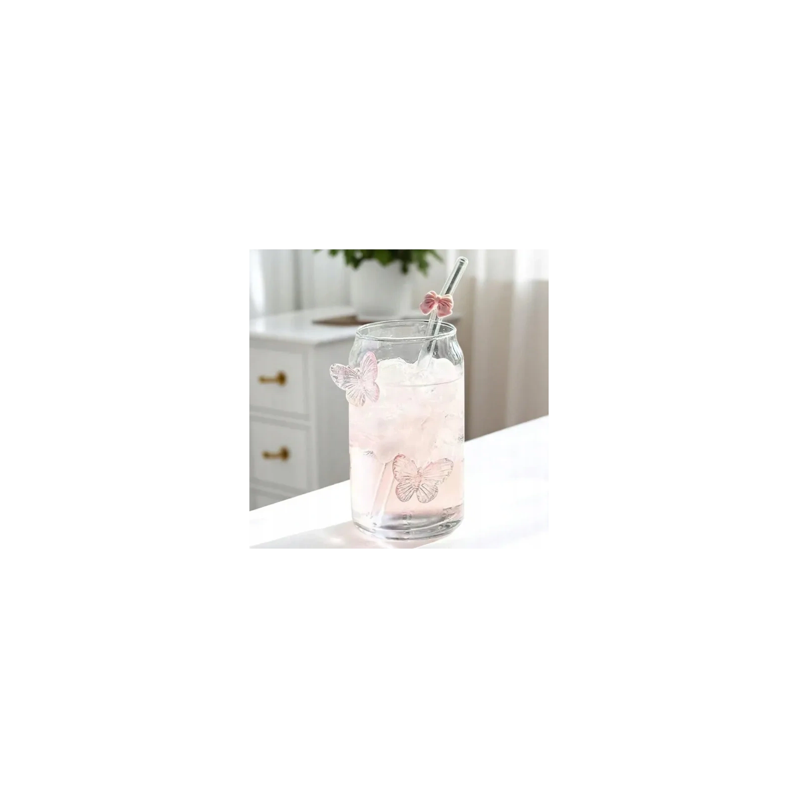 ECARLA szklanka wysoka ze słomką Motyl Róż 500ml SZK163