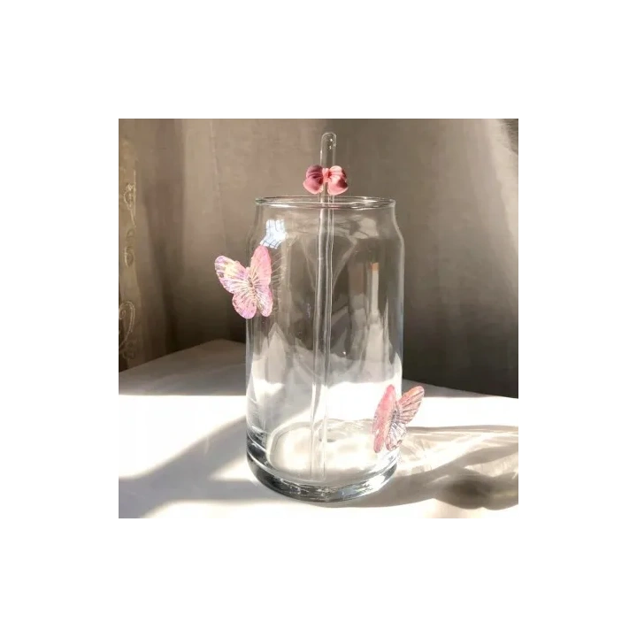 ECARLA szklanka wysoka ze słomką Motyl Róż 500ml SZK163
