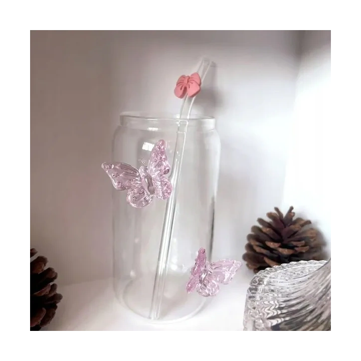 ECARLA szklanka wysoka ze słomką Motyl Róż 500ml SZK163